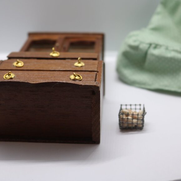 Vintage dollhouse wooden secretary desk set W/basket of eggs & chair cover - Picture 7 of 7